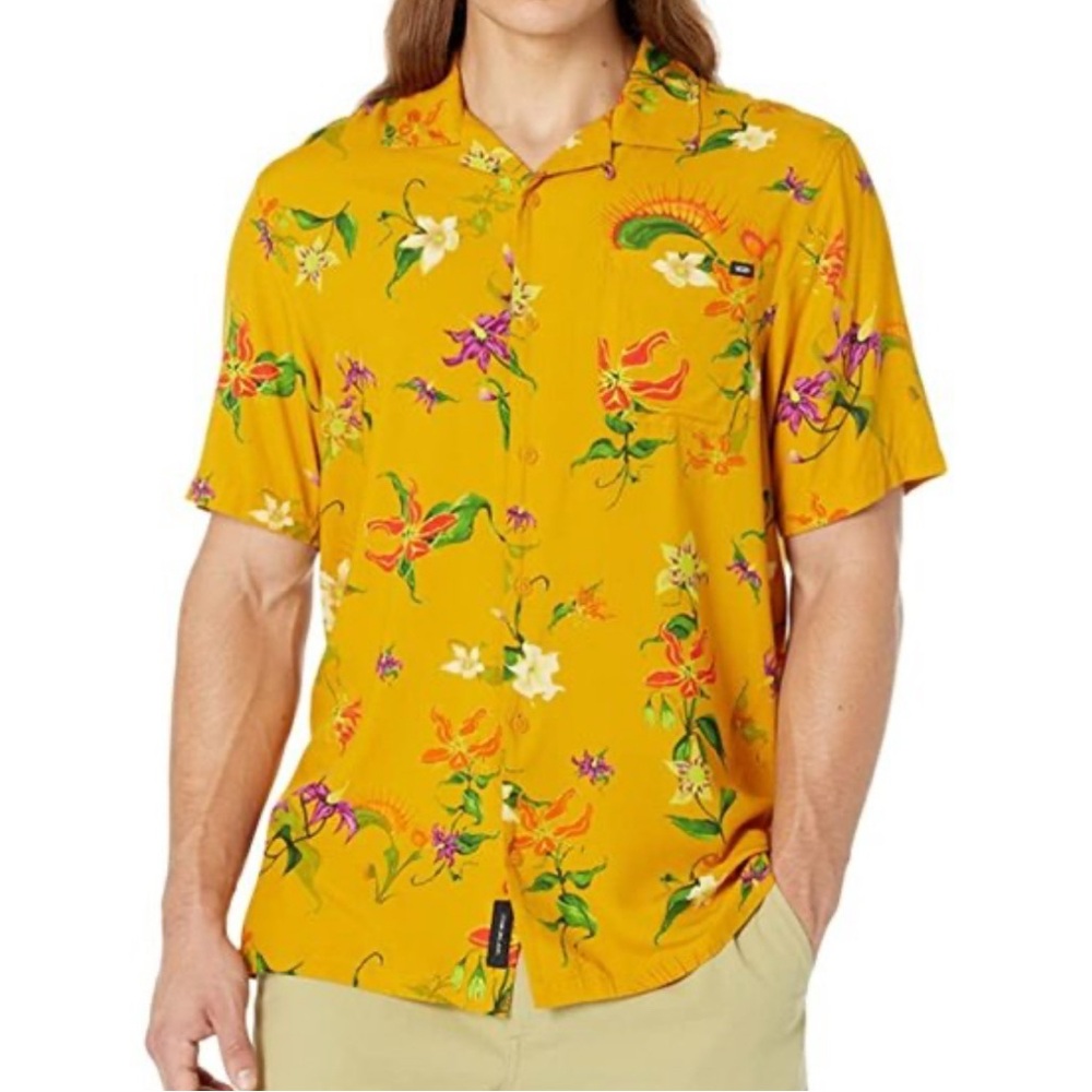Vans Men’s Yellow and Green Hawaiian Casual Button Down Shirt